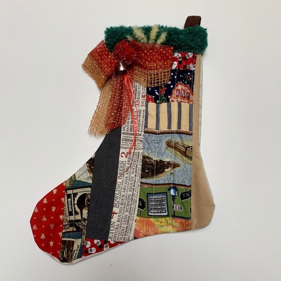 Christmas Stocking Quilted Patchwork Fabric Travel Bow NEW 14” Handmade - Picture 1 of 4